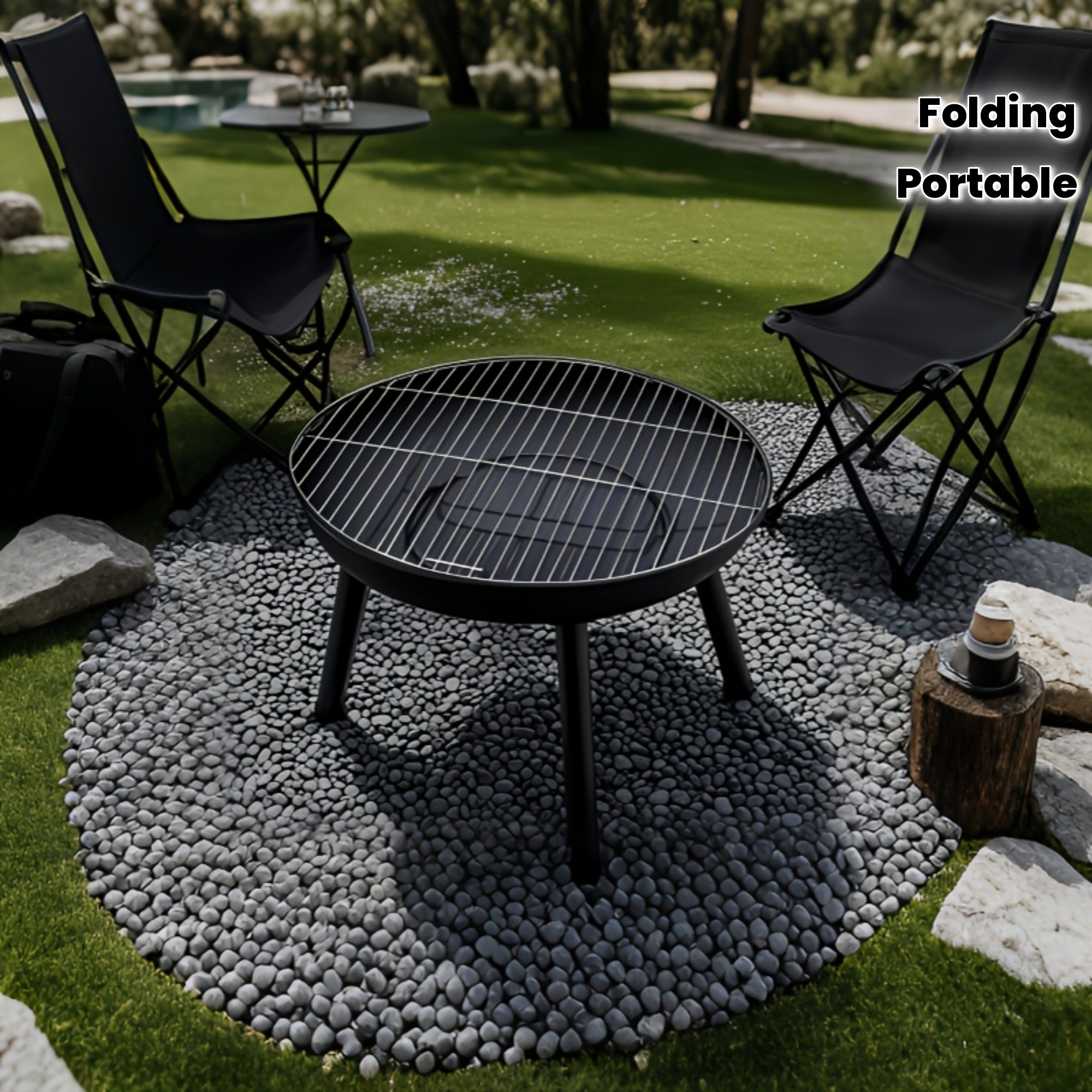 1 Set Foldable Outdoor Camping Fire Pit, Charcoal Stove, Wood-Burning Heater, Portable Design with Carbon Steel Base & Solid Iron Grate, Integrated Handle, Includes Bonus Mesh Net and Fire Hook – Ideal for Camping, Heating, and Multi-Scene Use