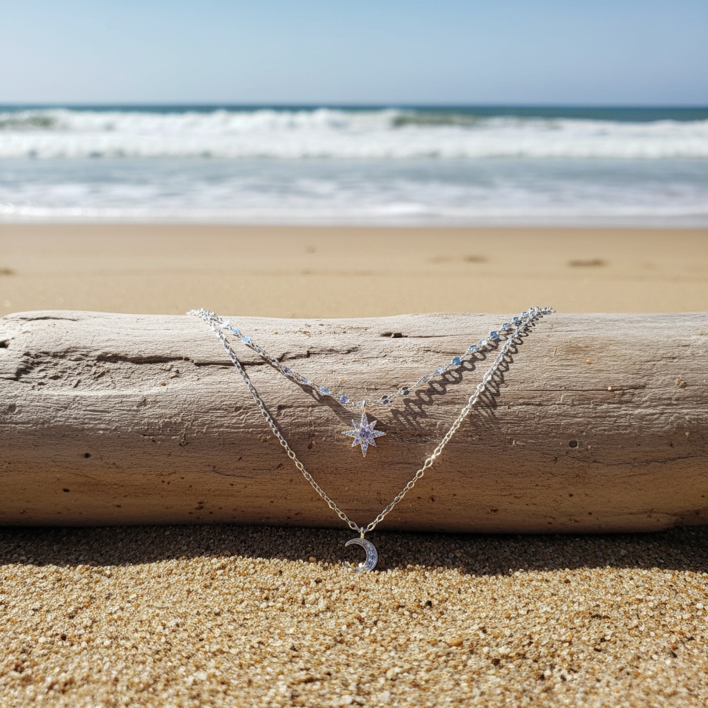 Rhinestones Inlaid Star and Moon Theme Layered Necklace, Gift for Teens