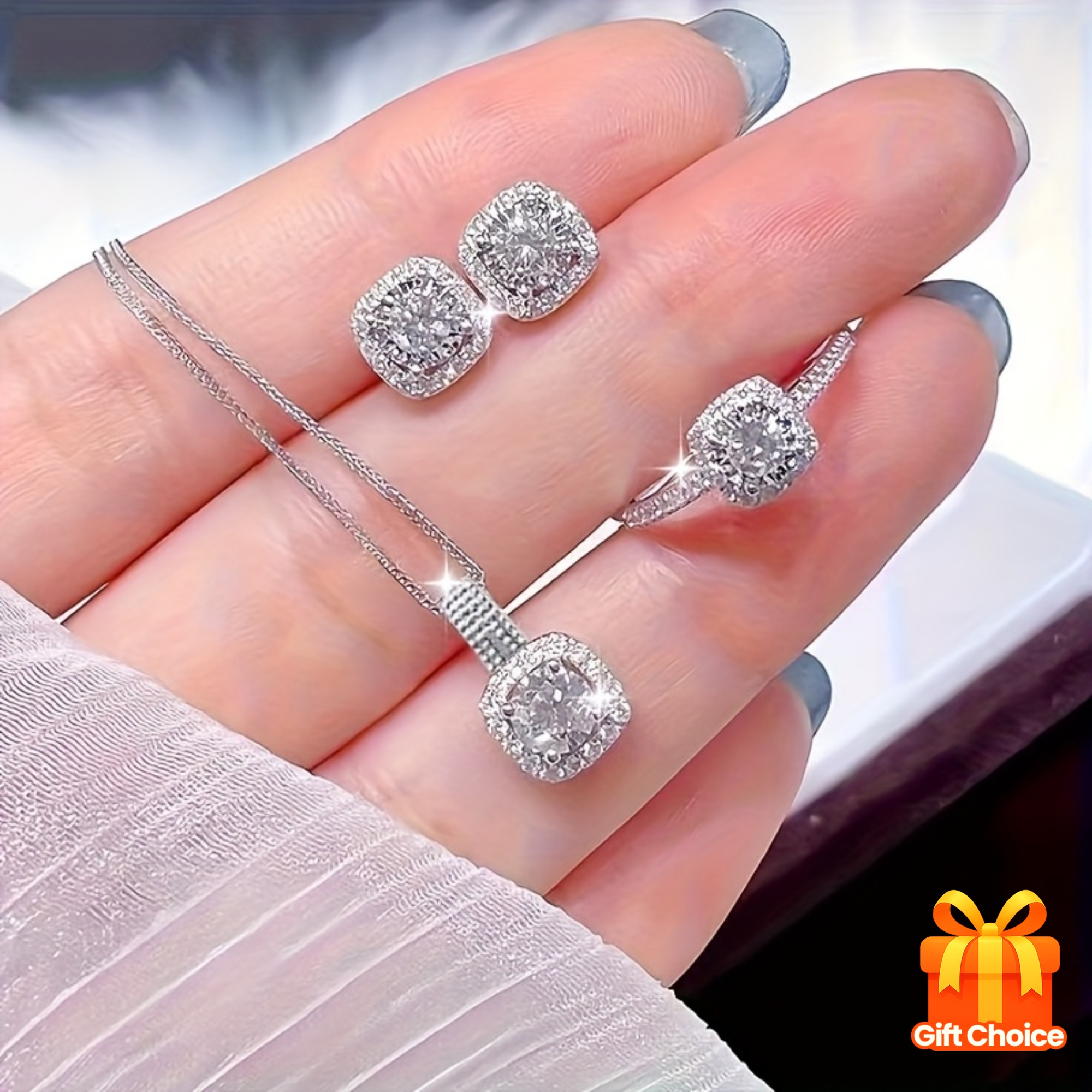 A/Set Rectangular Earrings, Necklace And Ring Set, Elegant Glass, Sophisticated Women's Gift