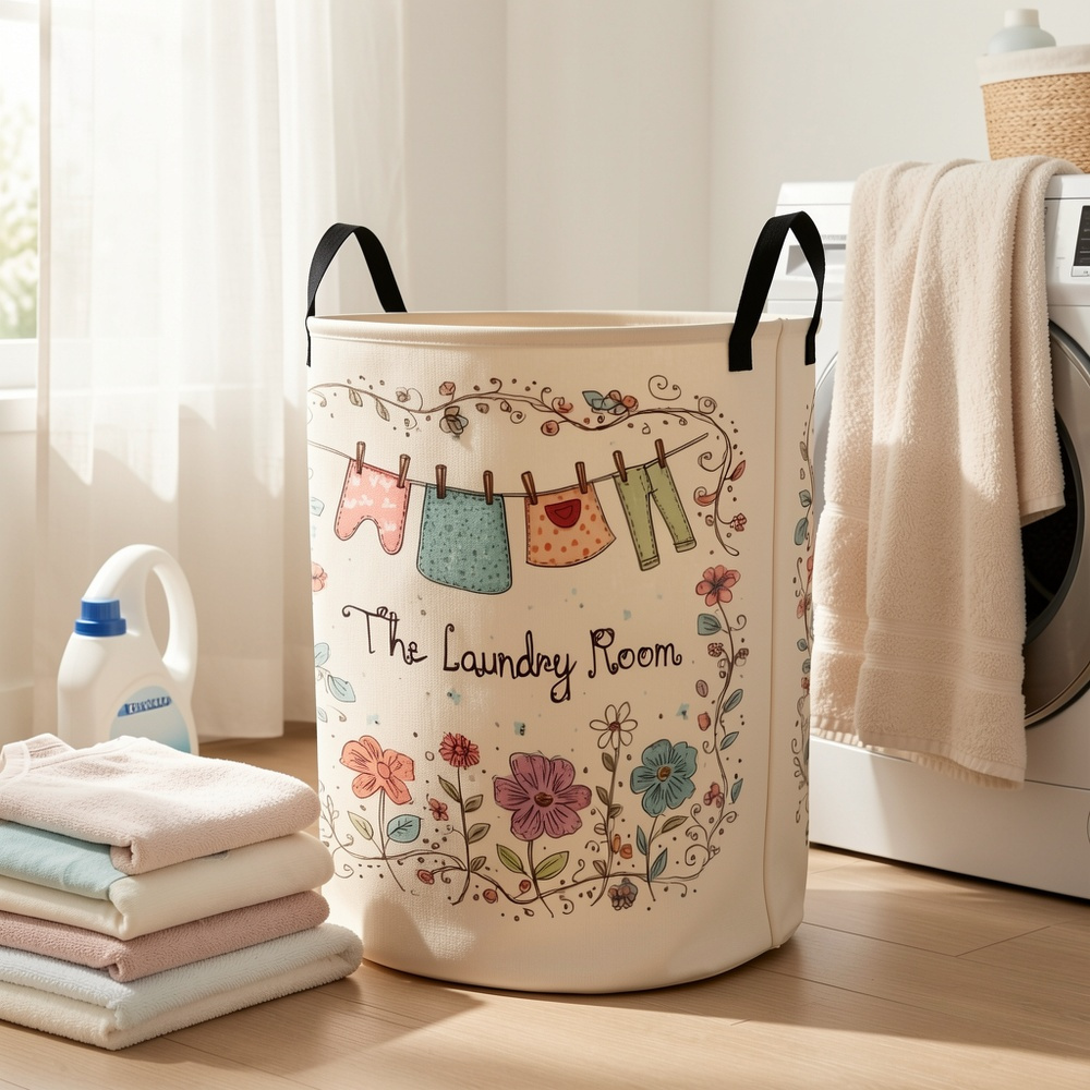 1pc Laundry Basket with Cute Floral & Clothespin Design - High-Capacity Foldable Hamper, Durable Polyester Fabric Storage Bin with Sturdy Handle for Bedroom, Bathroom, Dorm Organization (Beige)