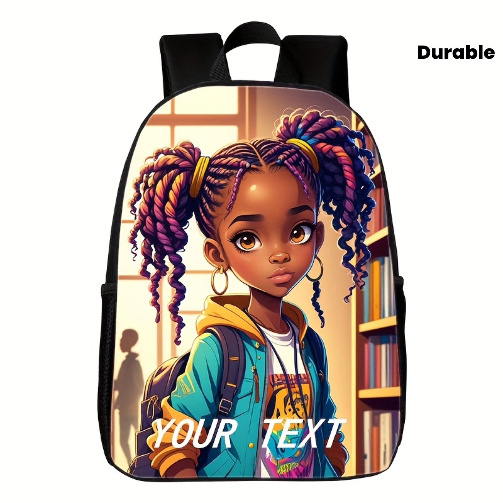 African Girl Backpack with Book Corner Print - Large Capacity Lightweight School Bag, Adjustable Straps & Tablet Compartment, Durable Zipper Closure, Hand Wash Only, Everyday Carryall | Personalized Text Area | Secure Storage, Backpack for School