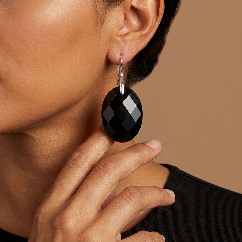 Women's Faceted Obsidian Earrings, Punk Gothic Style
