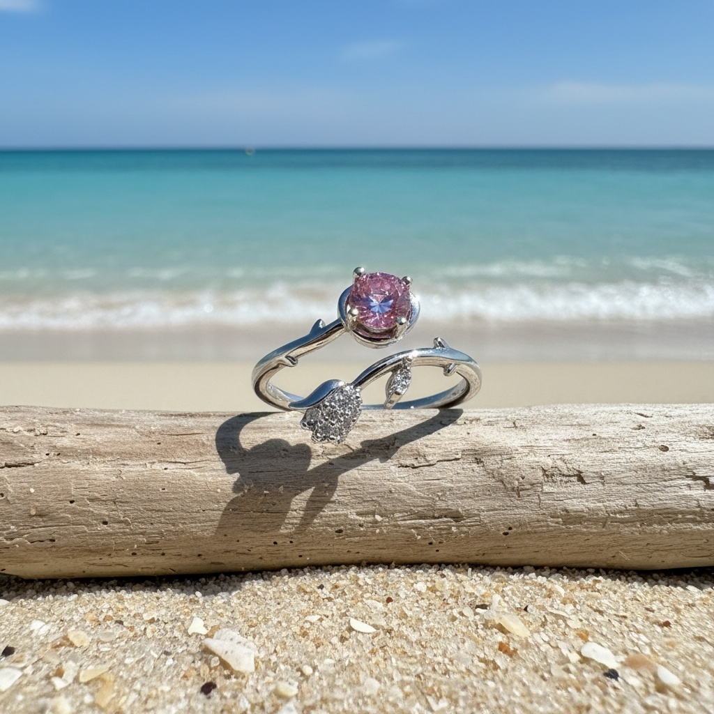 Women's Pink Dainty Adjustable Zirconia Rose Ring, Boho Style