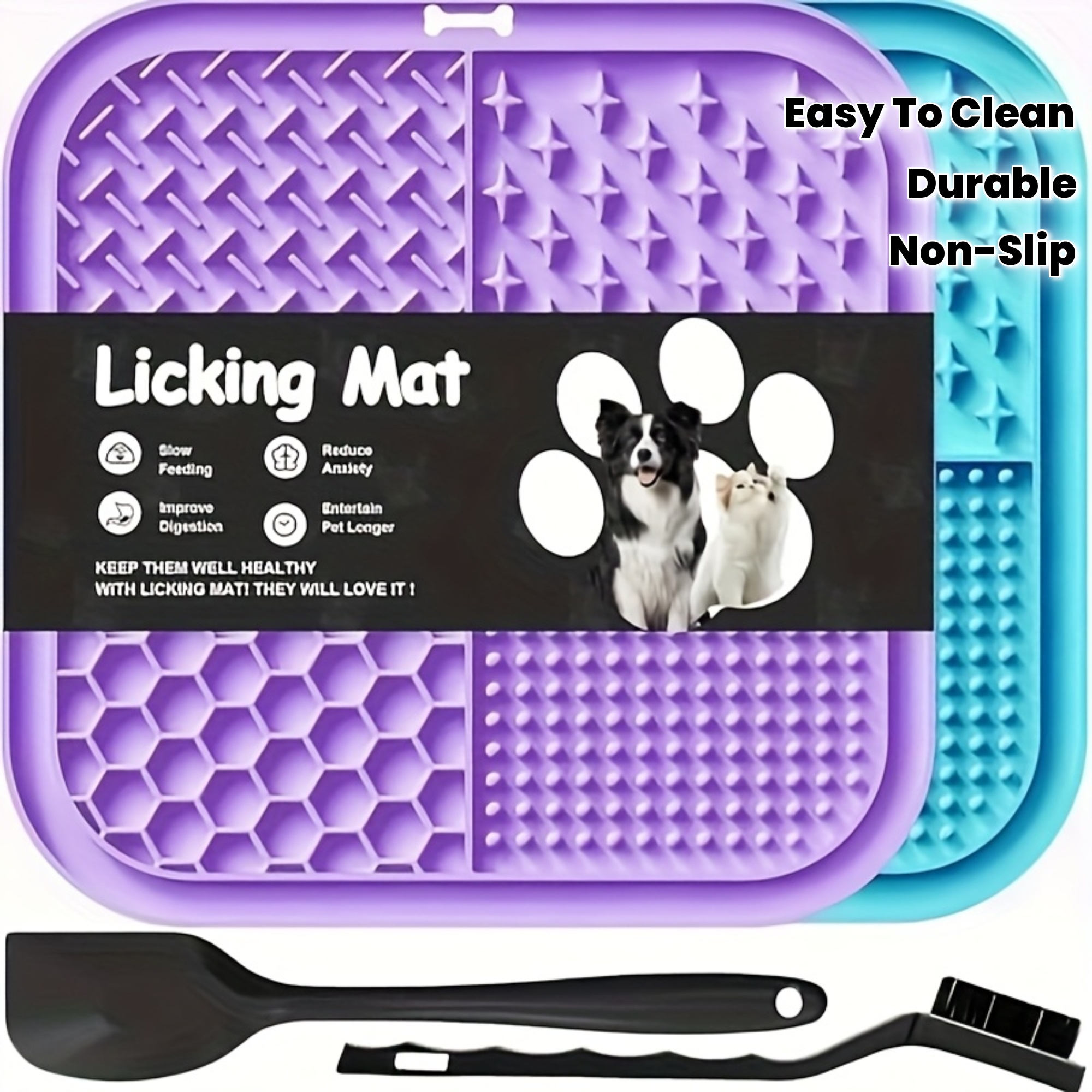 Lesipee 2 Pack Dog & Cat Lick Mat with Scratcher Tool - Soothing Anxiety Relief, Slow Feeder Toy, Non-Slip Bath & Grooming Mat, Durable Mental Stimulation Activity for Puppies Kittens, Interactive Treat Dispenser for Butter Yogurt Peanuts (Purple & Blue), Dualpurpose Mat, Easy to Clean, Petsafe Material, Kitten Playtime, Puppy Training