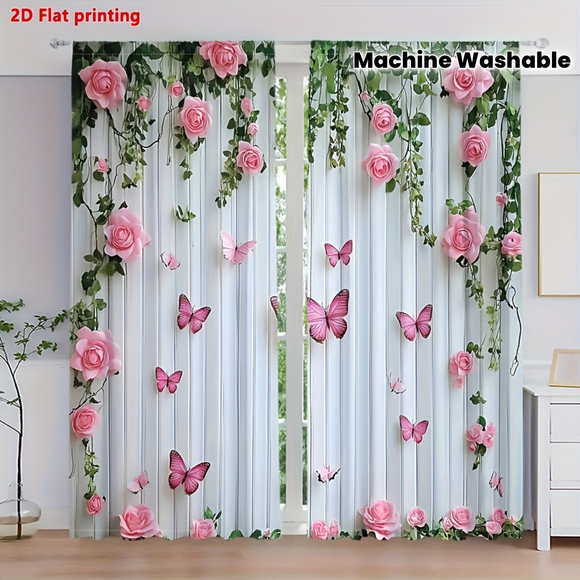 TEMU 2d Flat, 2d Print- 2pcs Set Of Romantic Rose And Curtains, Pocket Rod Installation, Semi-transparent, Patterned Design, Suitable For Living Room