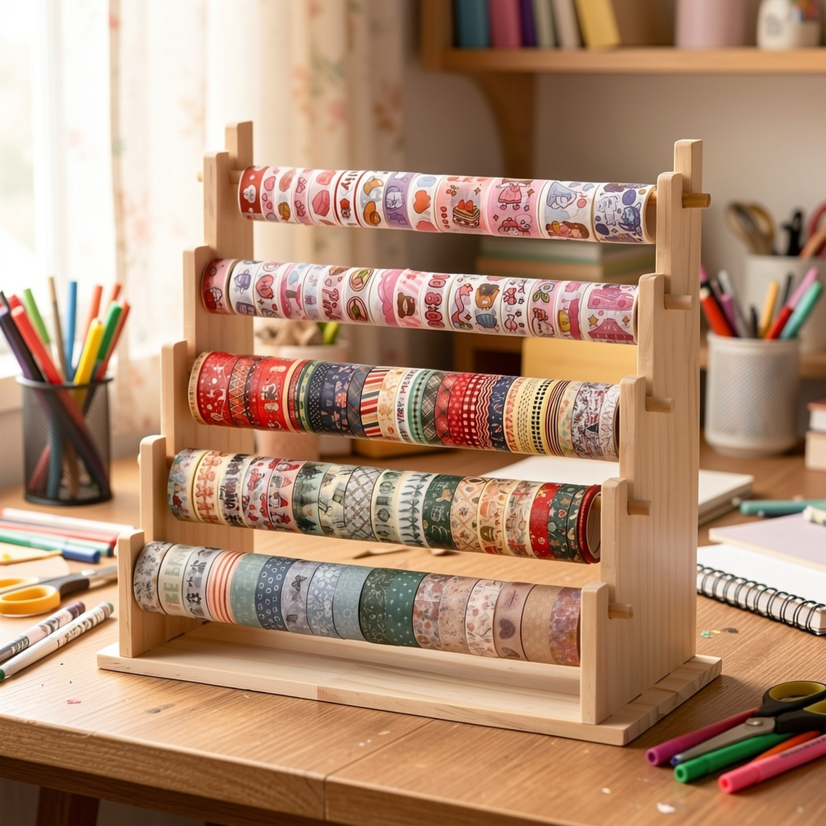 Top pick1pc Desktop Vertical 3-Tier / 5-Tier Ladder-Style Layered Tape Storage Rack for Stationery, Adhesive Tape, Washi Tape, Art Supplies, And Other Stationery Storage Made of Durable Solid Wood Suitable for Jewelry Display Stands for NecklacesOpen in new tab.