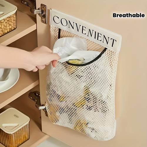 1pc large capacity wall mounted mesh storage bag breathable and reusable suitable for cabinet door storage multifunctional ideal for convenient plastic bag and small item storage used as a kitchen storage bag or for other