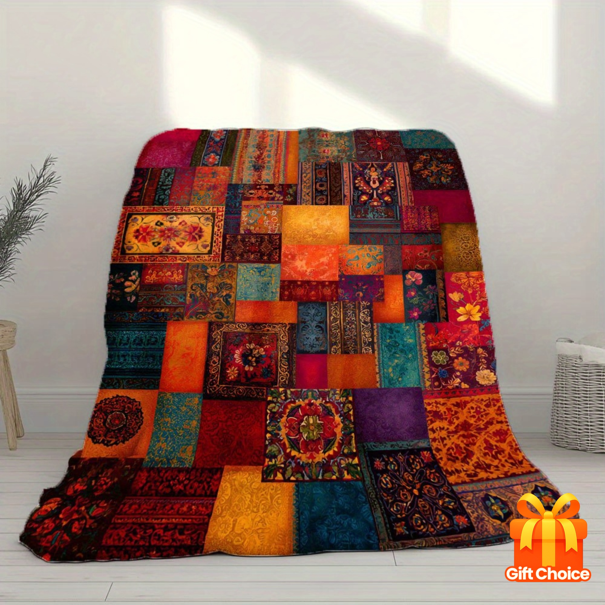 TEMU 1pc Vintage Floral Flannel Blanket - Soft, Warm, And Lightweight For - , Orange, Blue, Purple, Black - Suitable For Sofa, Bed, Camping, Travel,