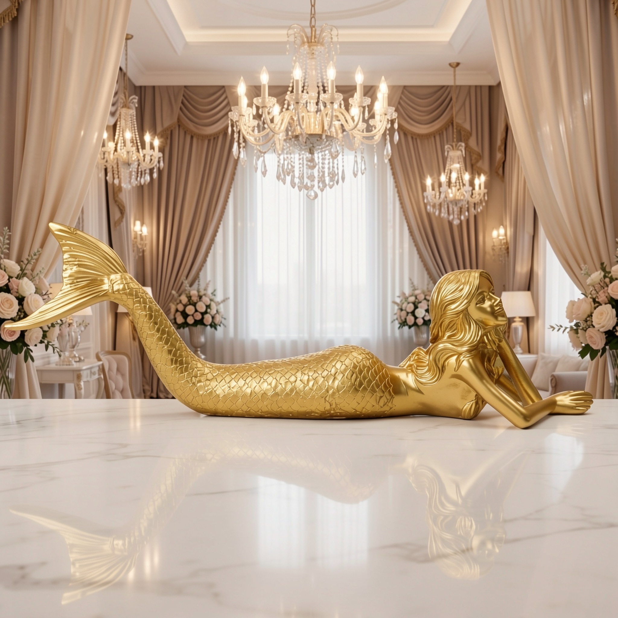 Large Golden Mermaid Ornament, Metallic Texture Resin Decoration
