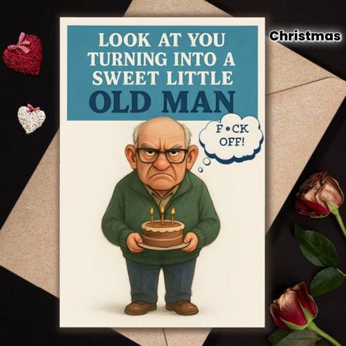 a fun birthday card with a matching envelope a unique gift for women men friends brothers sisters daughters husbands and wives an for christmas or any occasion the design features a old man