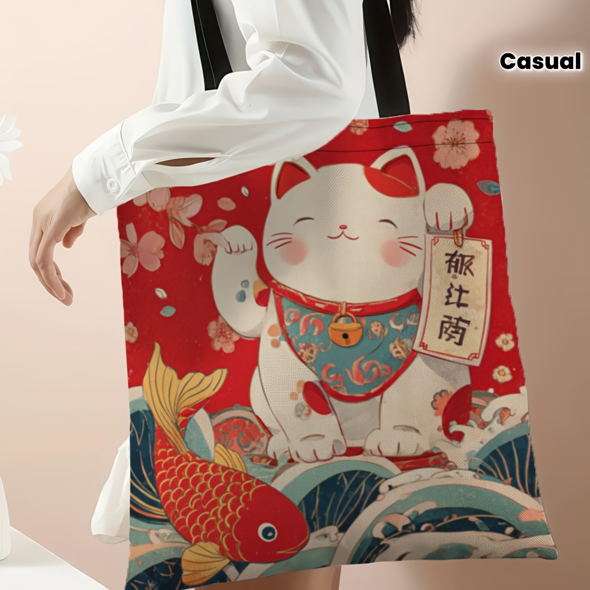 TEMU 1pc Maneki Neko Tote Bag - Cat Print Large Capacity Handbag, Suitable For School, Travel, Shopping - Material , Meaning