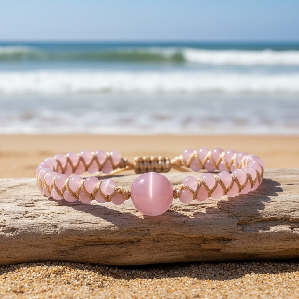 Women's Love Attracted Woven Bracelet with Pink Cat's Eye Stone
