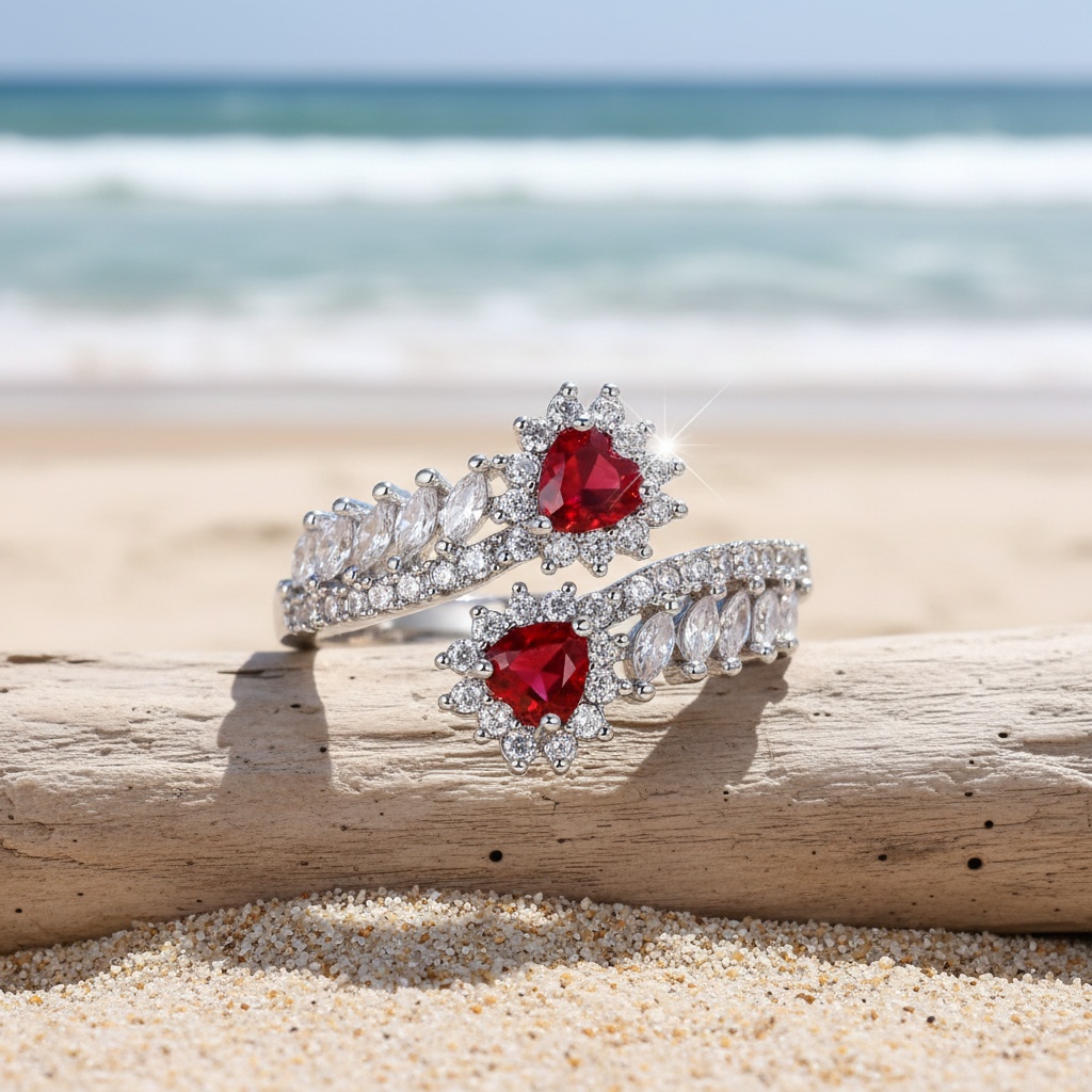 ANGOL Heart-Shaped Zirconia Adjustable Ring, Fashionable Gift