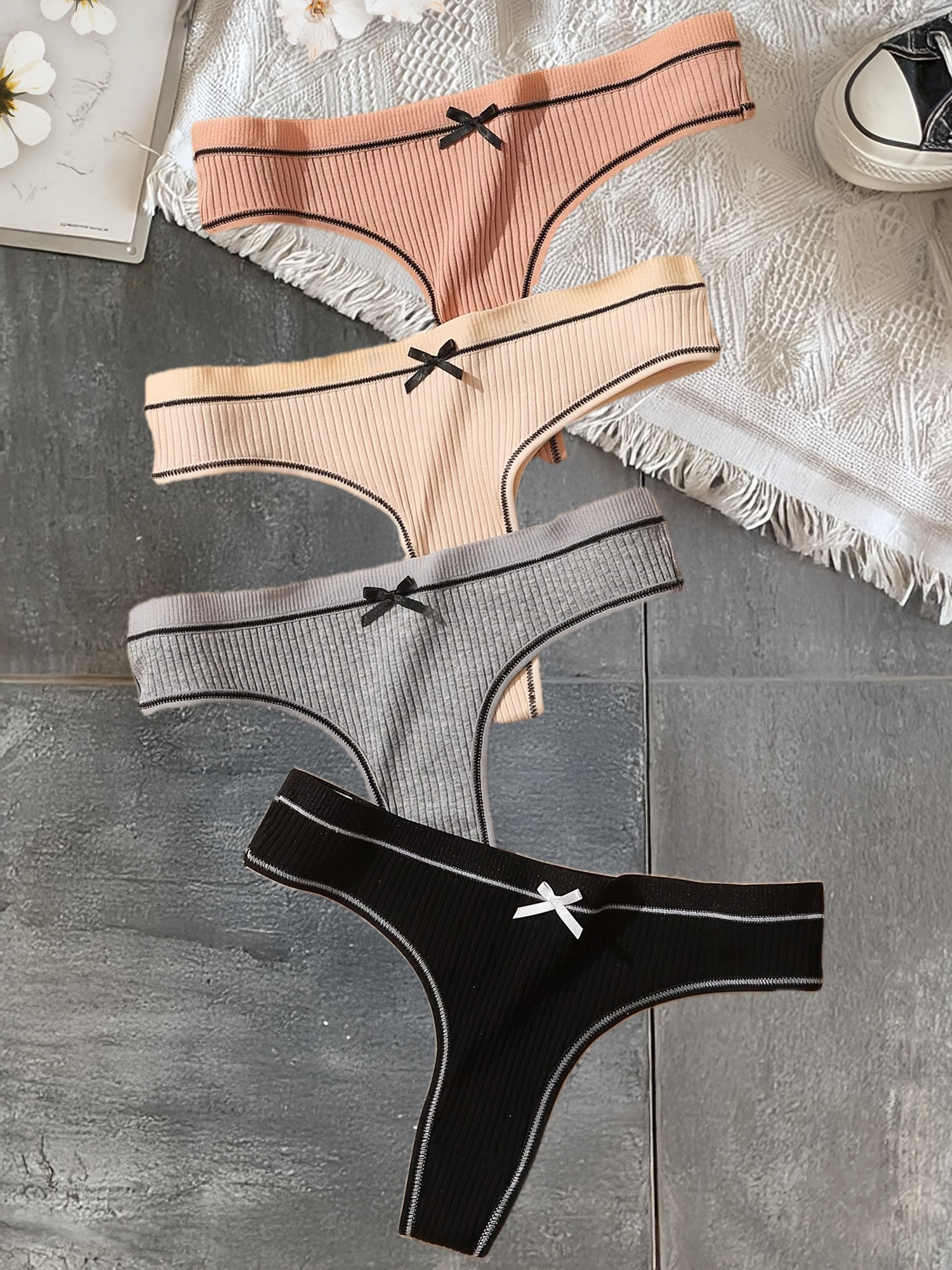 4 stuks dames japanse   schattige strikje geribbelde string slipjes,   elegante driehoekige t-vormige comfortabele ondergoed Productgegevens 0