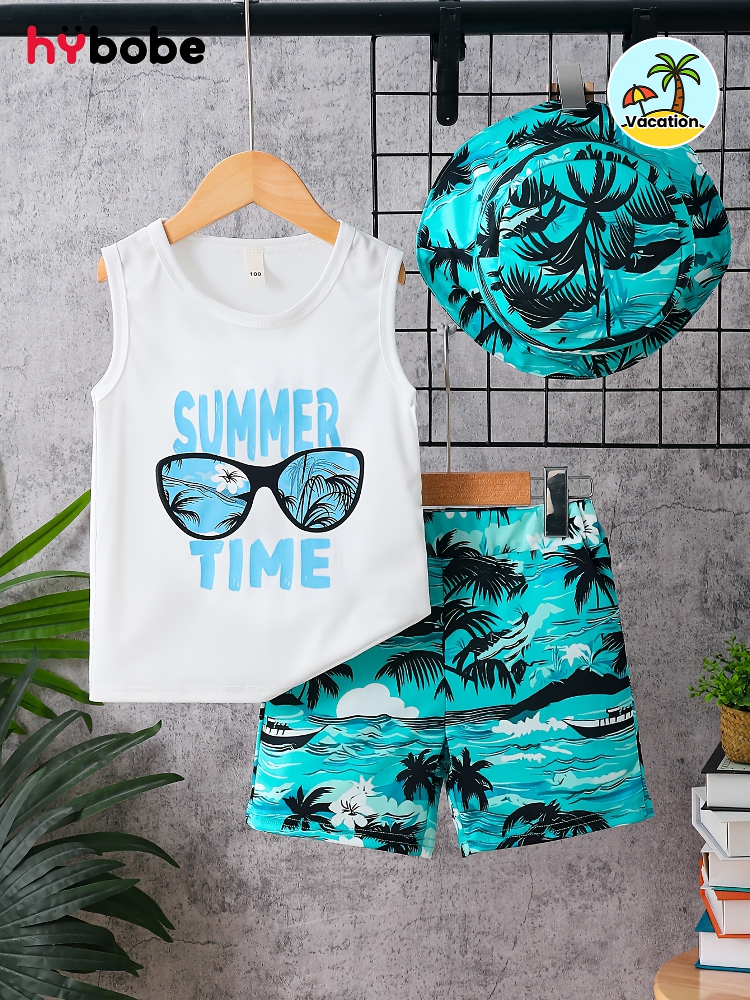 ensemble 3 pièces de shorts décontractés dété pour garçon : t-shirt débardeur blanc avec slogan à lettres, short de plage bleu et chapeau élégant. vêtement de sport dété tendance,  , confortable et   pour les vacances dété  , adapté aux sports de   et à   0