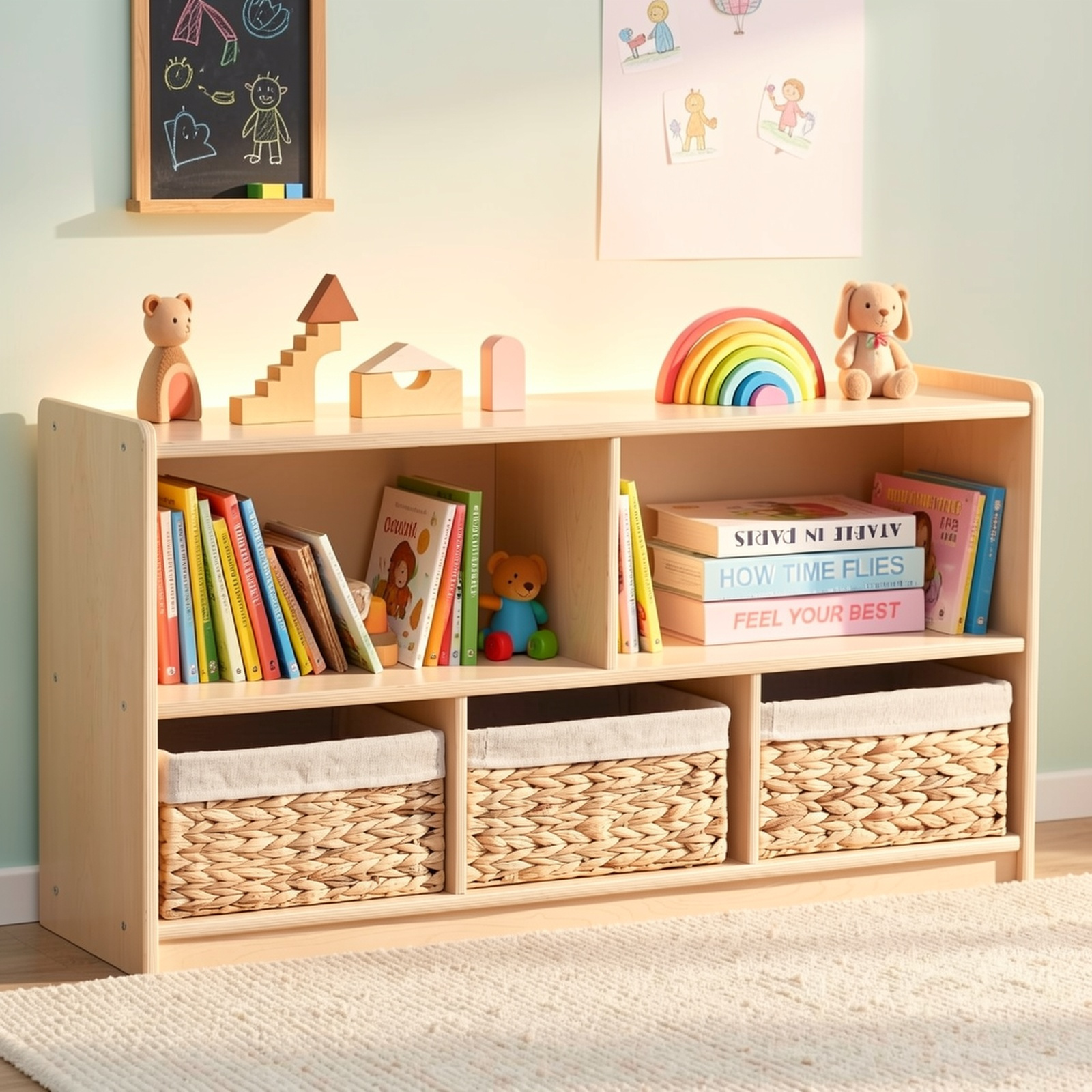 Large Wood Storage Organizer, 2-Shelf Wood Bookshelf, 5-Section Kids Bookshelf, Wooden Storage Cabinet for Classroom, Kids Bookcases And Toddler Shelf for Kids Room, Playroom, Nursery