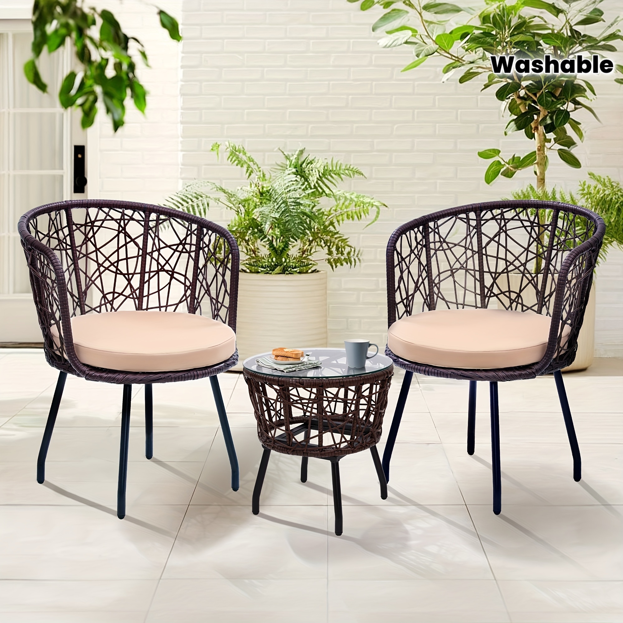 3pcs Bistro Set, Modern Furniture with Tempered Glass Table Top, 2 Chairs, Outdoor Wicker Patio Set, Washable Cushions,