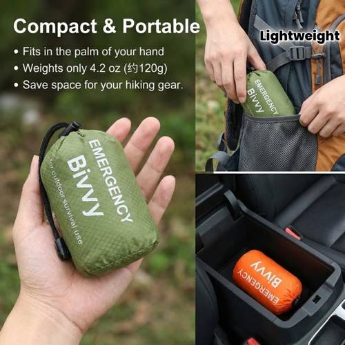 3pcs car emergency sleeping bag set including sleeping bag drawstring bag whistle survival camping bag polyester film insulation emergency blanket lightweight and compact outdoor hiking camping equipment