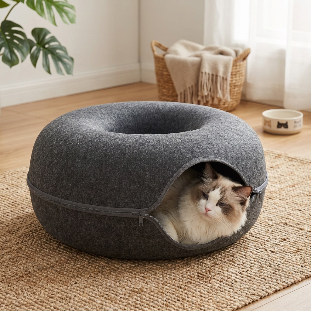 Play Donut-Shaped Cat Bed & Interactive Felt Tunnel