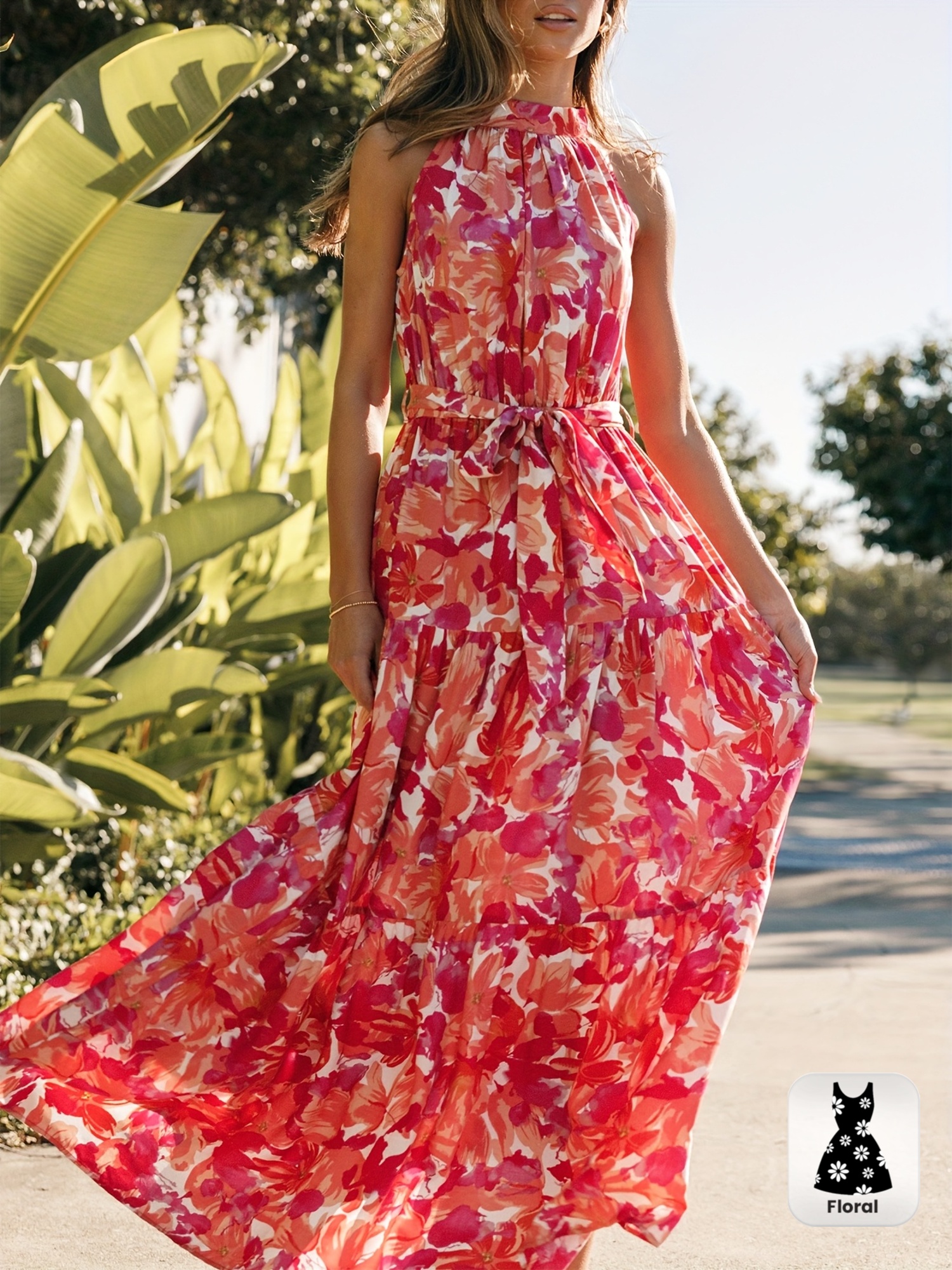 robe bohème style vacances taille haute ceinture évasée coupe trapèze imprimé floral longue 0