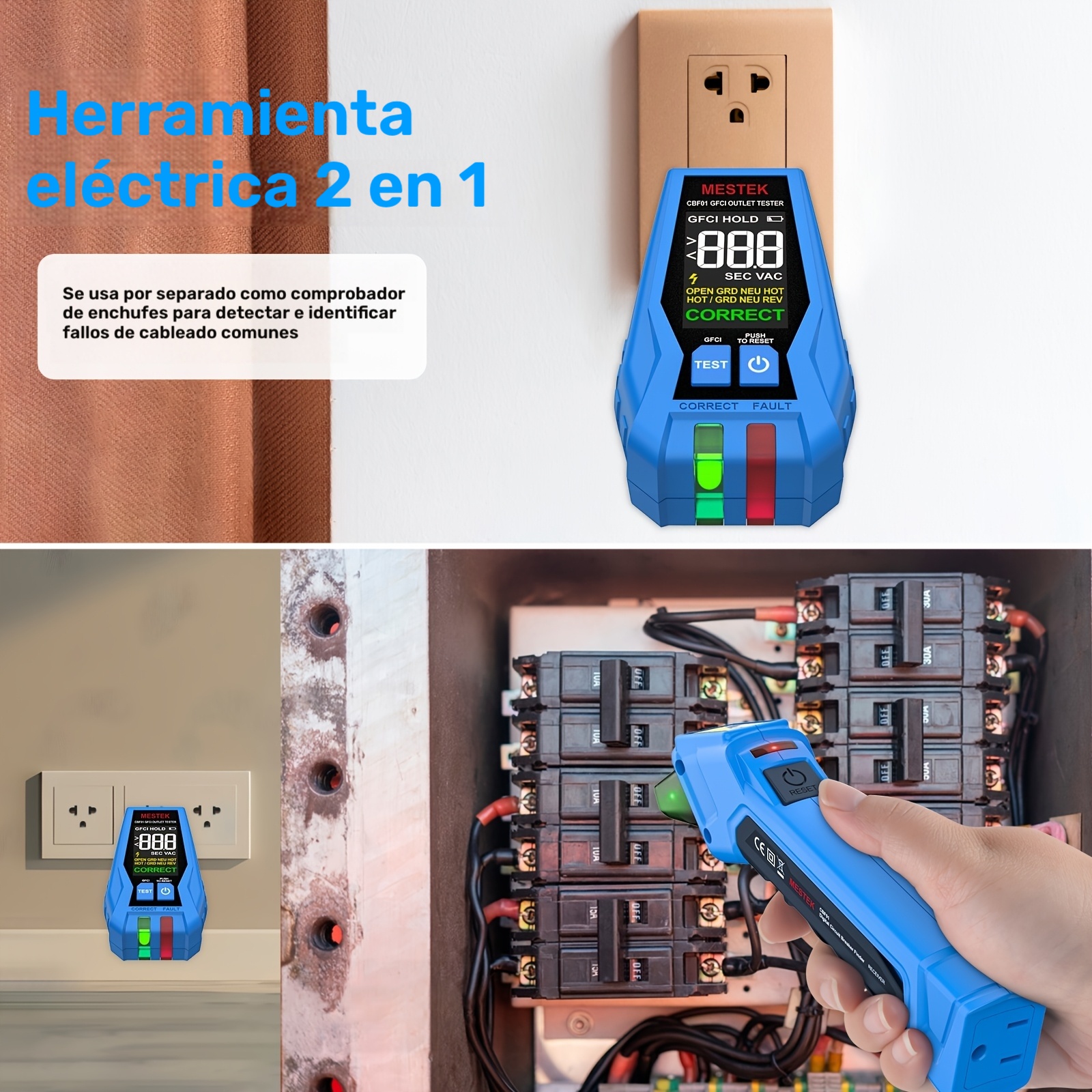 CBF01 Buscador de Disyuntores 2 EN 1, Probador Eléctrico AC 120V Detecta Fallas en Cables Comunes, Probador de Enchufes GFCI con Enchufe Estadounidense, Indicador de Bloqueo de Medidor de Enchufes con Pantalla LED, Herramienta de Rastreo de Circuitos Eléctricos, Reconocedor Rápido de Fusibles de Disyuntores, Sin Batería - Imagen 9