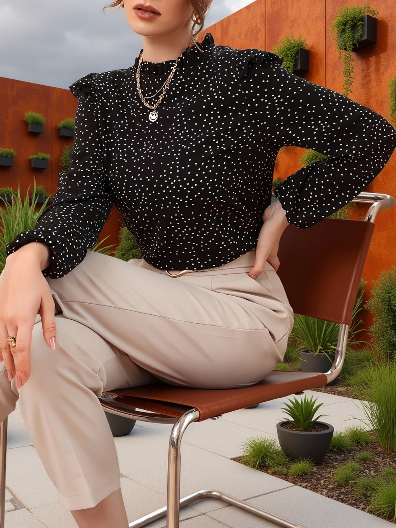 Camicia elegante stampata con volant a pois e colletto plissettato, abbigliamento da donna alla moda per primavera e autunno