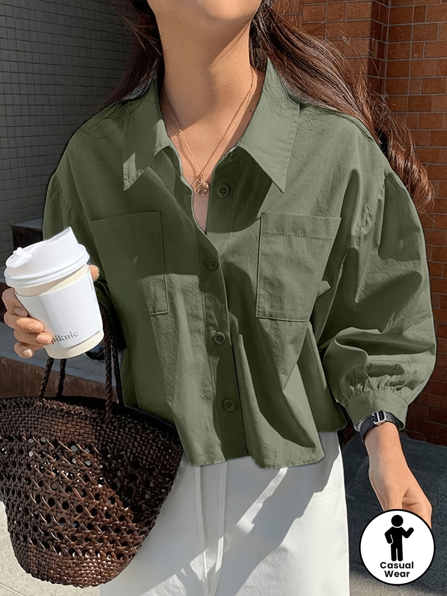 Women's Casual Shirt, Dual-Pocket Cropped Seven-Eighth Sleeve Versatile Top for Daily Commuting