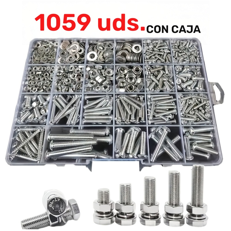 Juego de 1059 Piezas de Tornillos y Tuercas de Acero al Carbono - M3/M4/M5/M6 con Cabeza Phillips, Pan Head y Hexagonal, Kit de Tornillos Autorroscantes para Aficionados del Bricolaje, Propietarios de Hogar y Mecánicos – Idea de Regalo Duradero