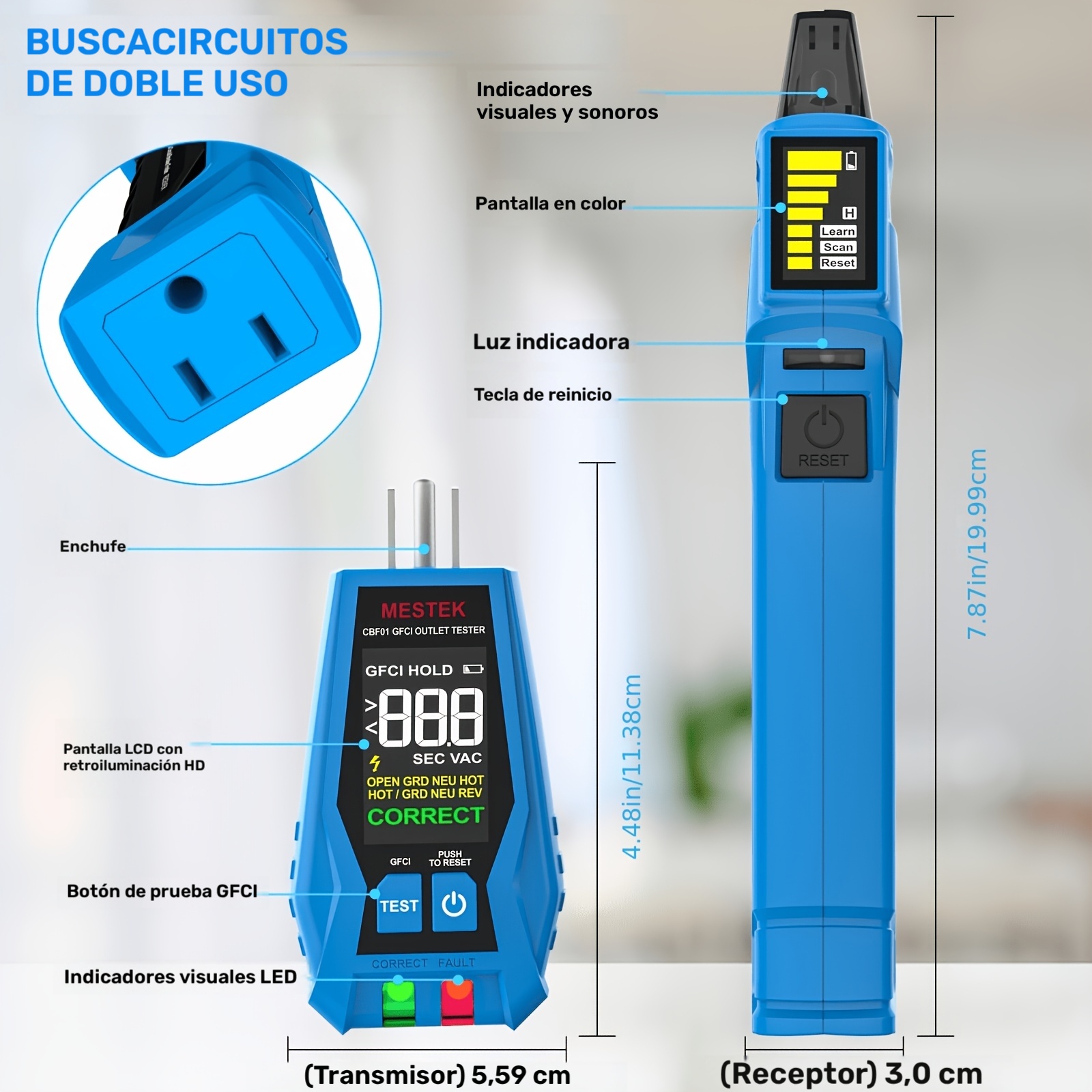 CBF01 Buscador de Disyuntores 2 EN 1, Probador Eléctrico AC 120V Detecta Fallas en Cables Comunes, Probador de Enchufes GFCI con Enchufe Estadounidense, Indicador de Bloqueo de Medidor de Enchufes con Pantalla LED, Herramienta de Rastreo de Circuitos Eléctricos, Reconocedor Rápido de Fusibles de Disyuntores, Sin Batería - Imagen 3