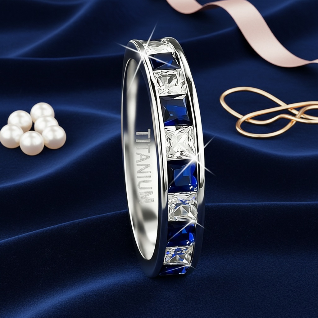 Women's 4mm Wide Blue and White Mixed Cubic Zirconia Ring