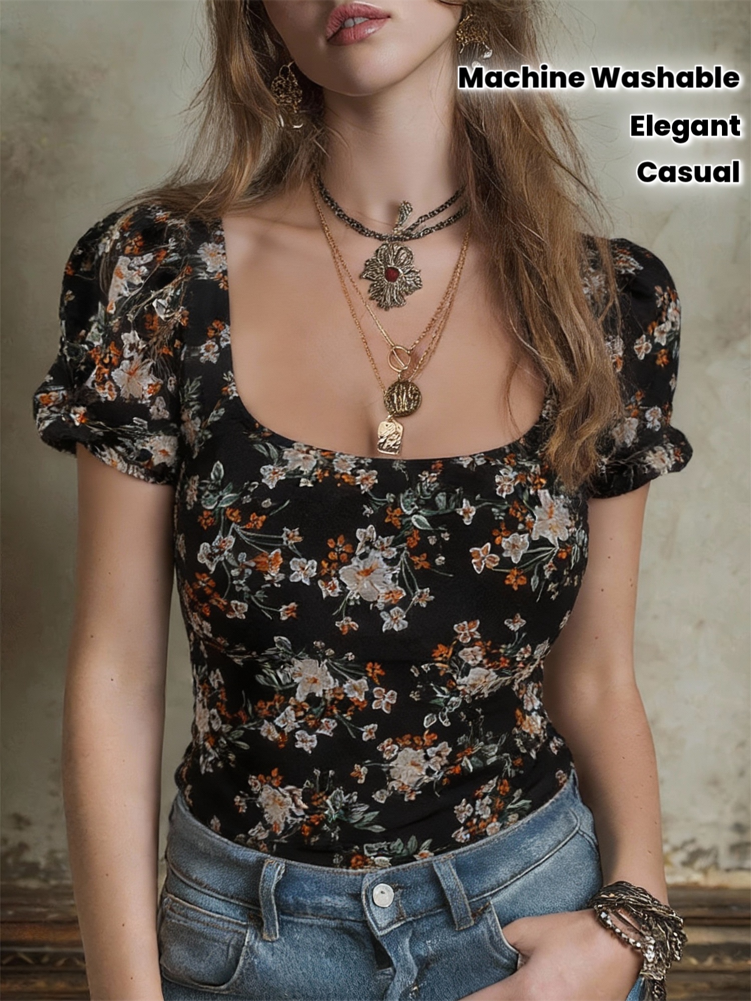 Blusa Estiva Donna a Maniche Corte con Scollo a U e Stampa Floreale - Top Corto Piccolo e Fiorito