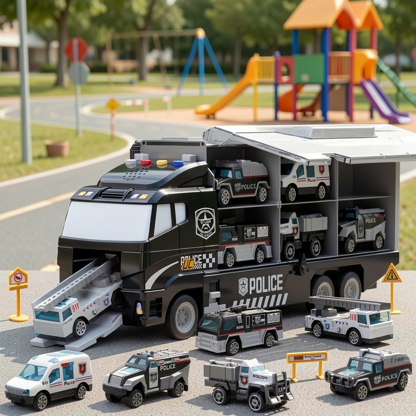 TEMI Police Car Toy Set, Carrier Truck Toys for Kids, Die-Cast Metal Toy Car Set, Truck Car Kids Toys Christmas Birthday Gift for Children Ages 3+ (Accessory Colors May Vary)