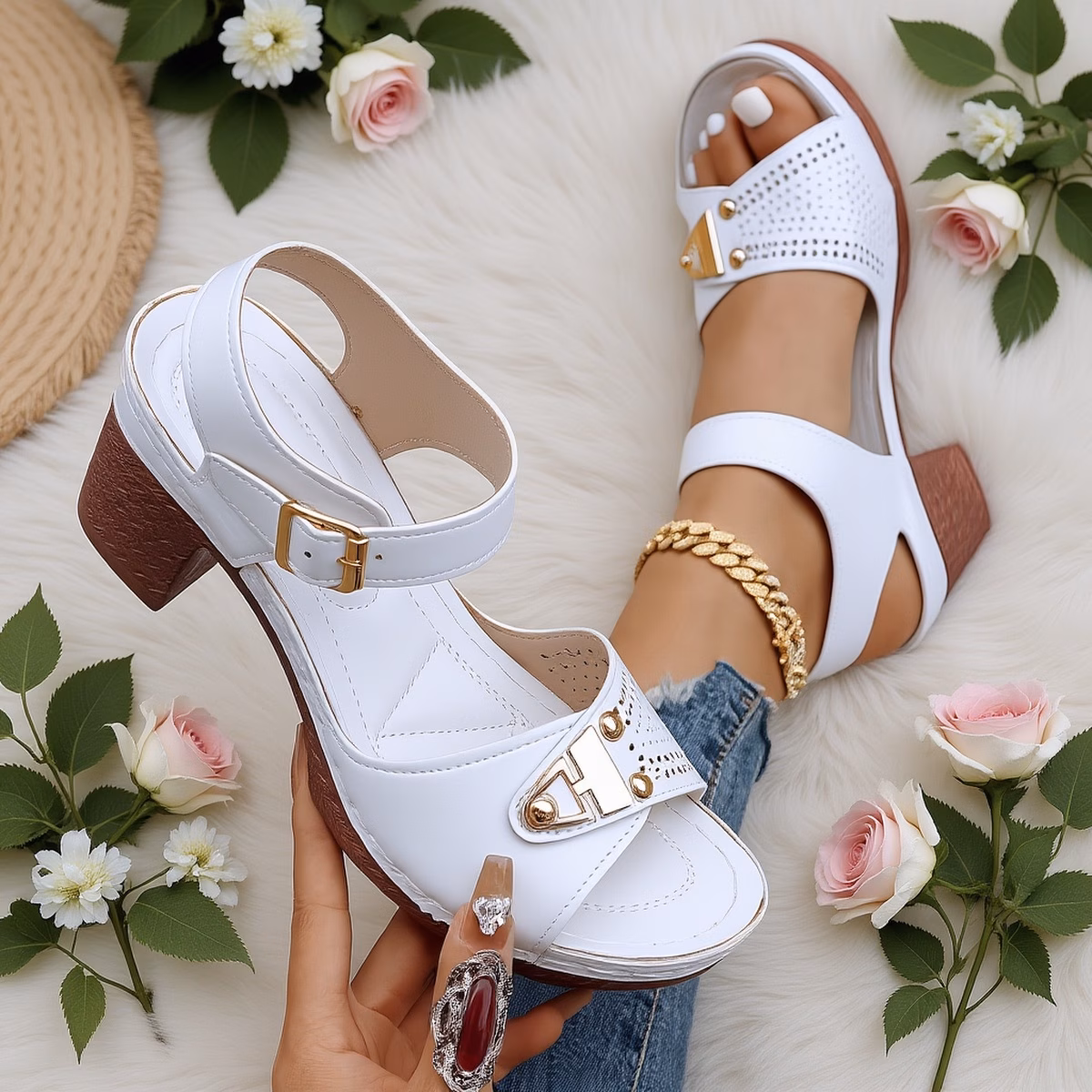 elegant womens light blue chunky heel sandals open breathable with golden strap geometric pattern synthetic heel shoes suitable for summer and wear fashionable single toe high heels women shoes Product details 1