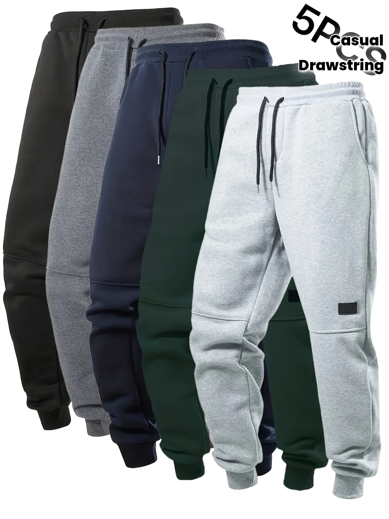 5pcs Men's Fleece Lined Solid Jogger Sweatpants With Drawstring, Casual Warm Sporty Trousers As Gift