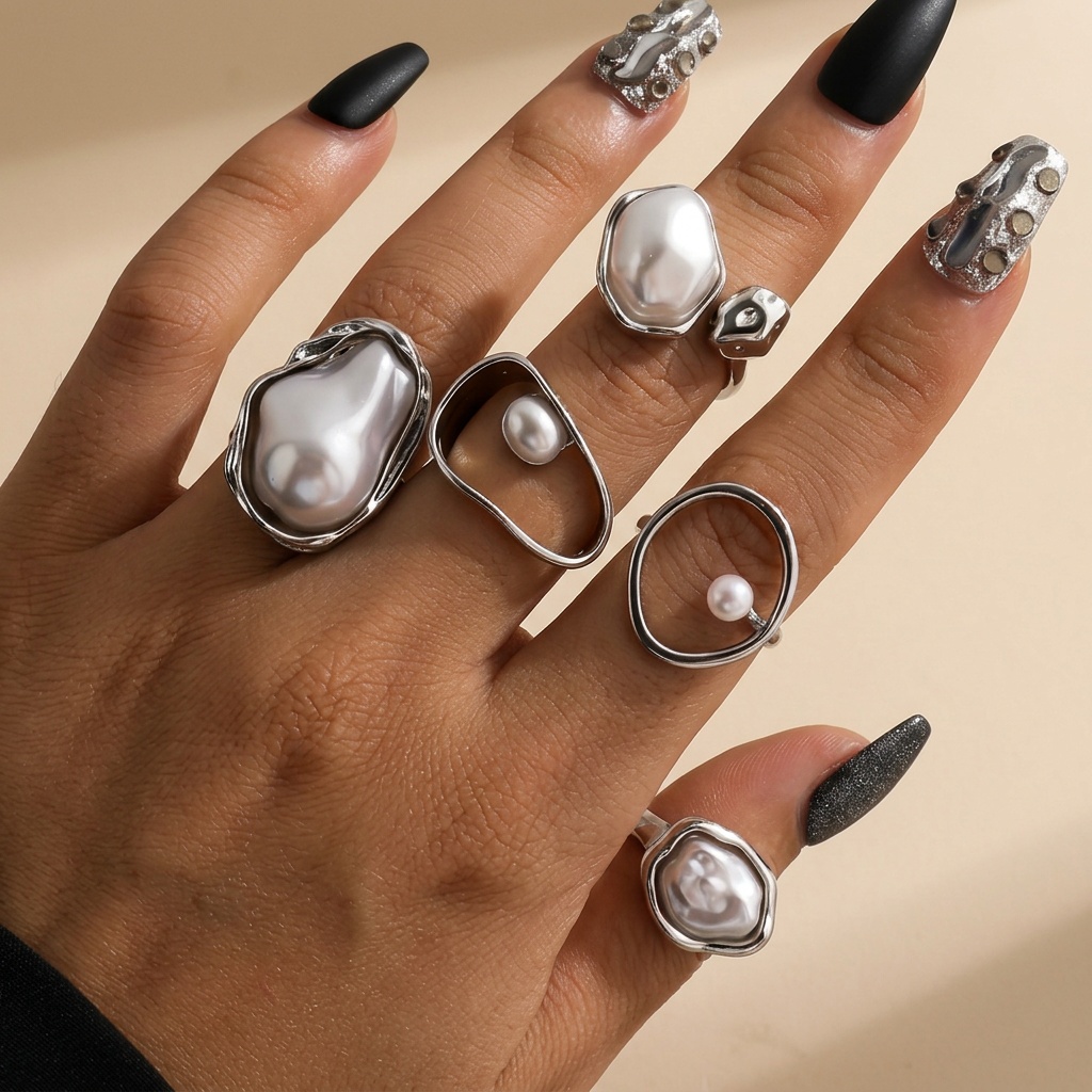 5pcs Vintage Imitation Pearl Inlaid Ring Set