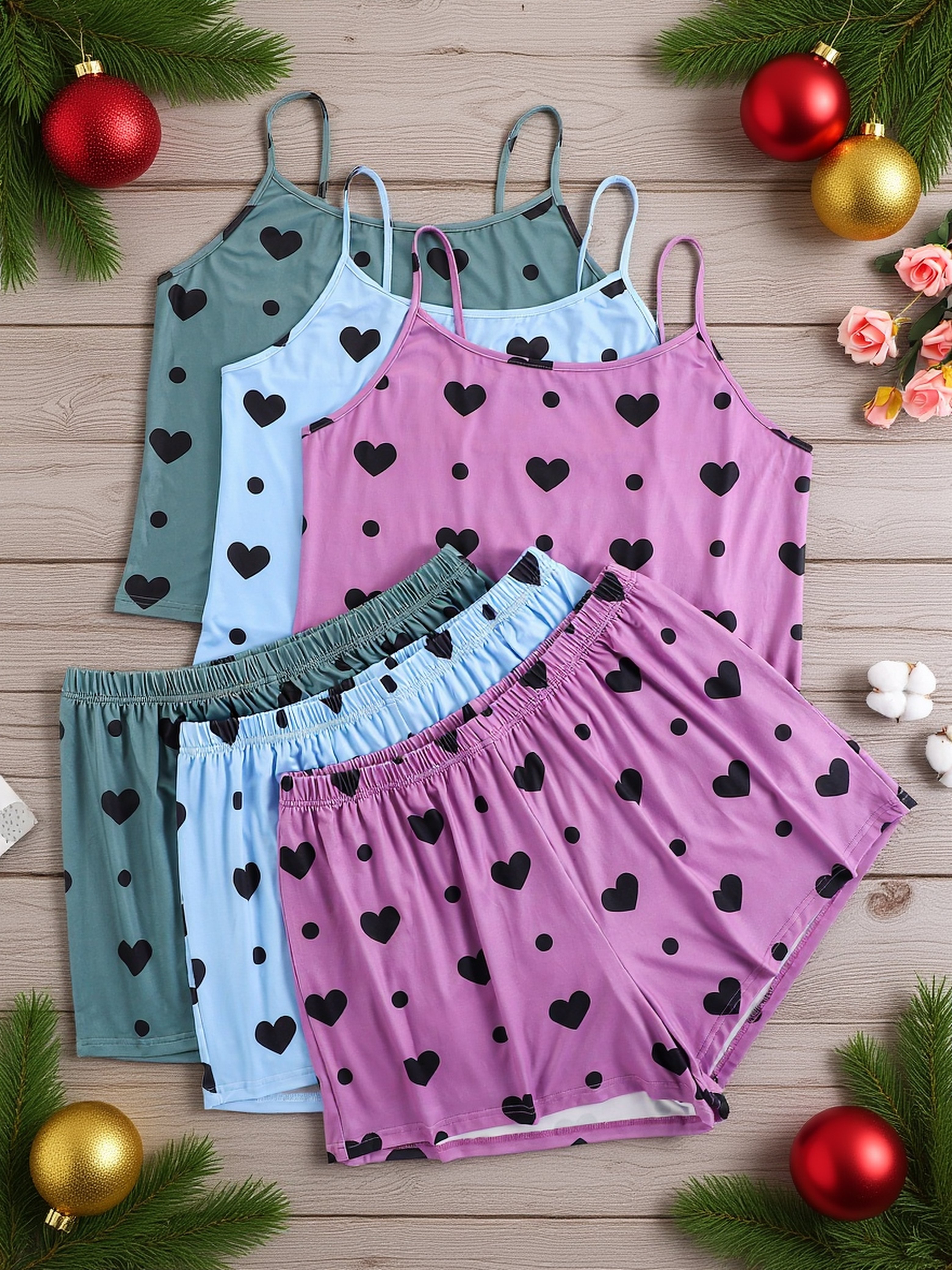 3 Sets Women'S Plus Casual Pajama Set, Plus Size Heart & Polka Dot Print Round Neck Cami Top & Shorts Lounge 6pcs Set