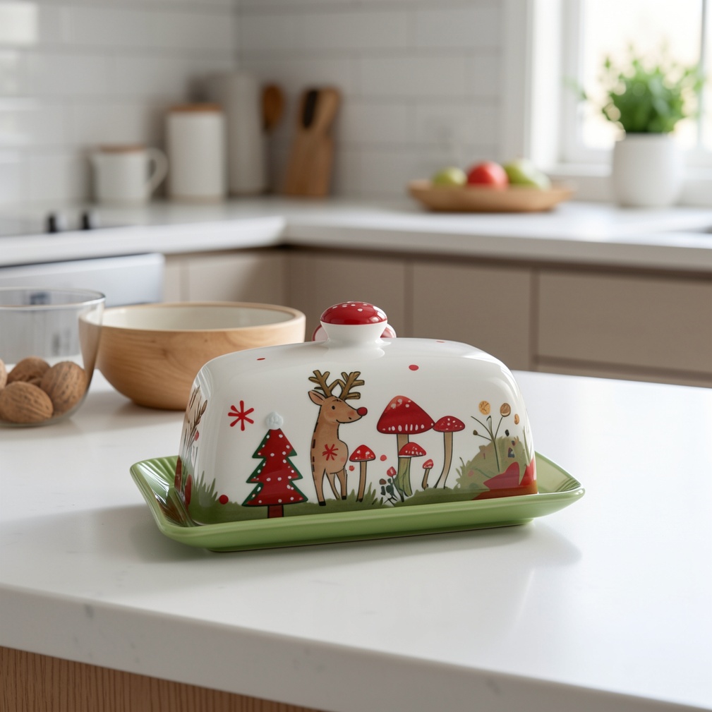 1pc of Christmas-Themed Ceramic Butter Dish Featuring a Christmas Tree, Reindeer, Mushrooms, And Santa Claus