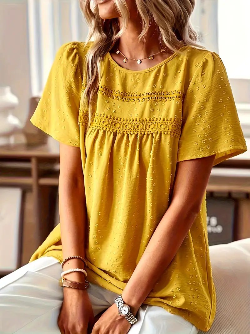 womens elegant lace trim short sleeve blouse round neck peach color detail spring summer casual top for casual attire spring summer top elegant casualwear polyester fabric 0