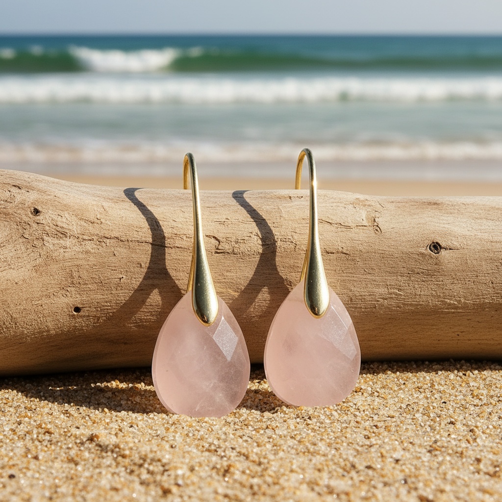 Women's Natural Pink Quartz Teardrop Dangle Earrings, Elegant