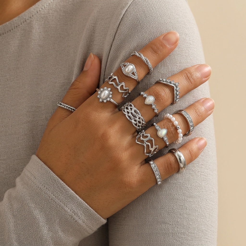 15pcs Alloy Rhinestone Faux Pearl Stackable Ring Set