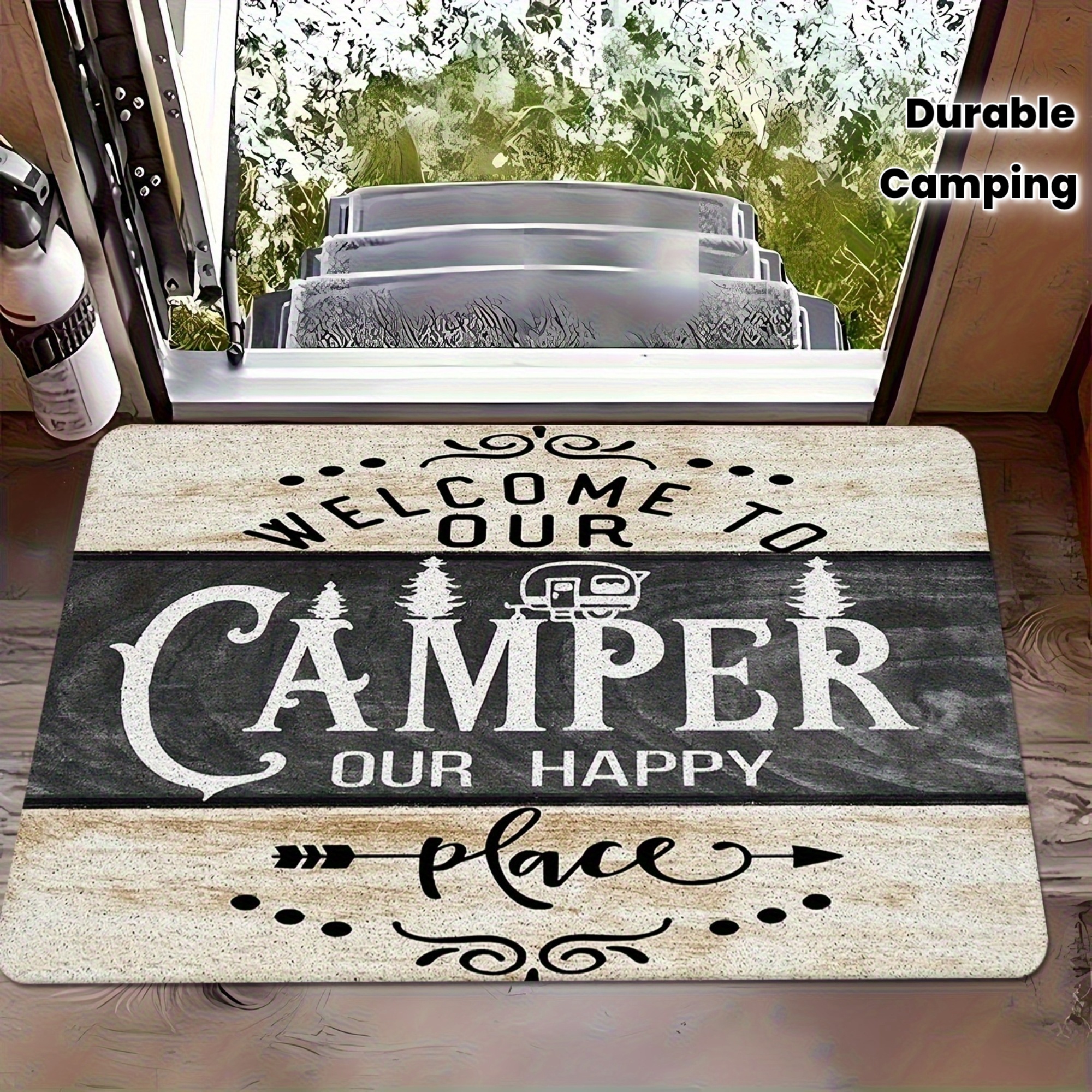 TEMU 1pc Luxury Flannel Floor Mat Suitable For Entryway/bedroom, Adhesive Backing & Machine Washable With Pine Tree & Van Design, Rustic Cabin Decor