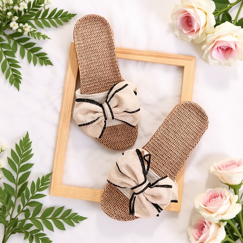 A Pair of Women'S Summer Indoor Slippers with Non-Slip Features, Cute Large Floral Design, And Made of Linen for Home Use., Women Shoes