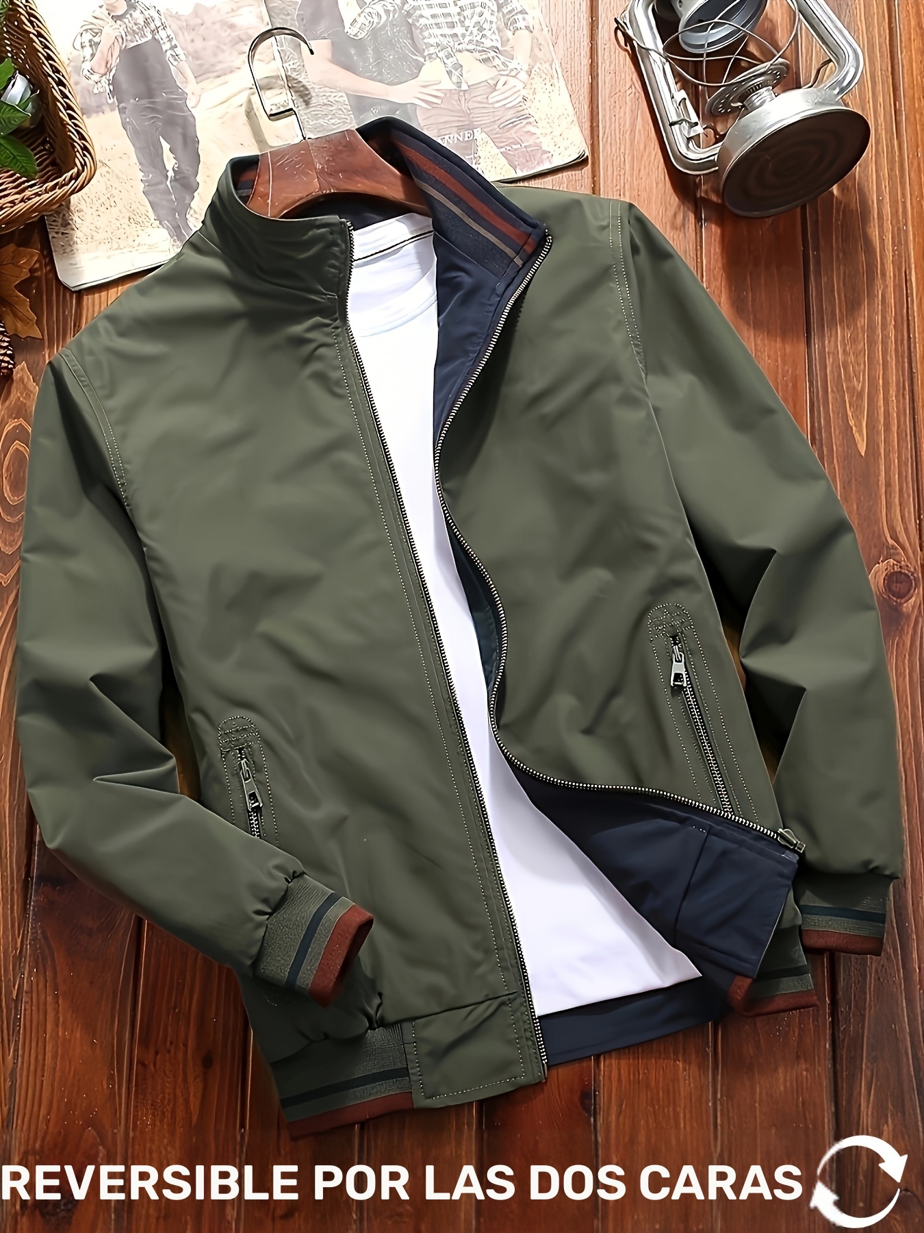 Chaqueta Reversible para Hombre - Diseño Flip-Flip Frontal y Trasero, Bolsillos con Cremallera, Cuello Alto - Verde Oliva/Azul Marino Bicolor - Para Trabajo, Exterior o Uso Diario - Tejido Lavable a Máquina No Elástico, Detalle de Rayas, Chaqueta Casual