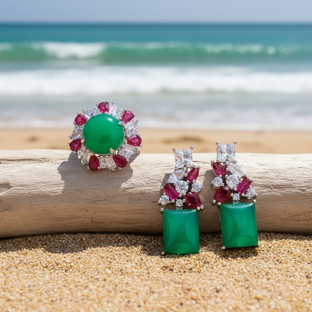 Luxurious Adjustable Ring & Princess Earrings Set, Green & Red Cubic Zirconia