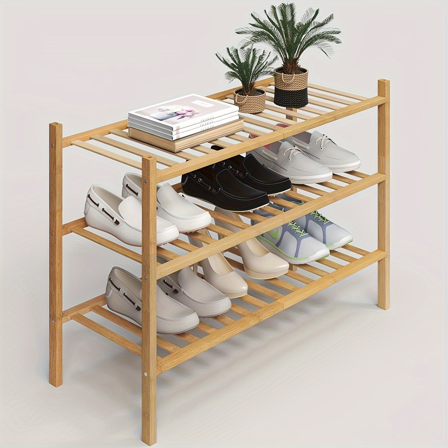 Zapatero plegable de bambú de 3 niveles, organizador de zapatos de varios  niveles, almacenamiento multifuncional, estante de pie libre, para zapatos,  macetas de plantas - AliExpress