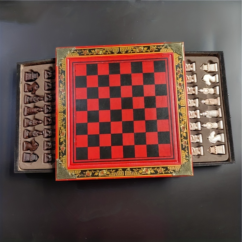 Traditional Chinese Xiangqi Portable Chess Set,Travel Board Game Set with  Resin Chess Pieces and Leather Chessboard