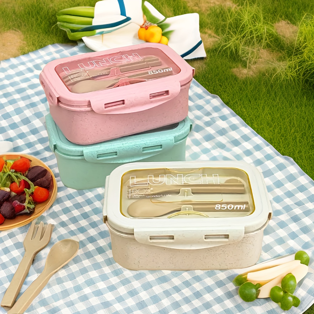 1pc Printed Three-layer Wheat Straw Plastic Bento Box With Tableware  Microwaveable Square Lunch Box For Students And Adults