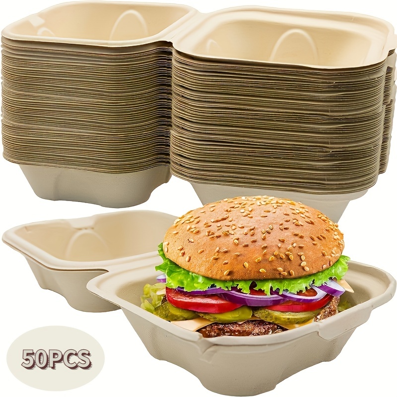 Stack Man 100% Compostable Clamshell Take Out Food Containers [6x6  50-Pack] Heavy-Duty Quality to go Containers, Natural Disposable