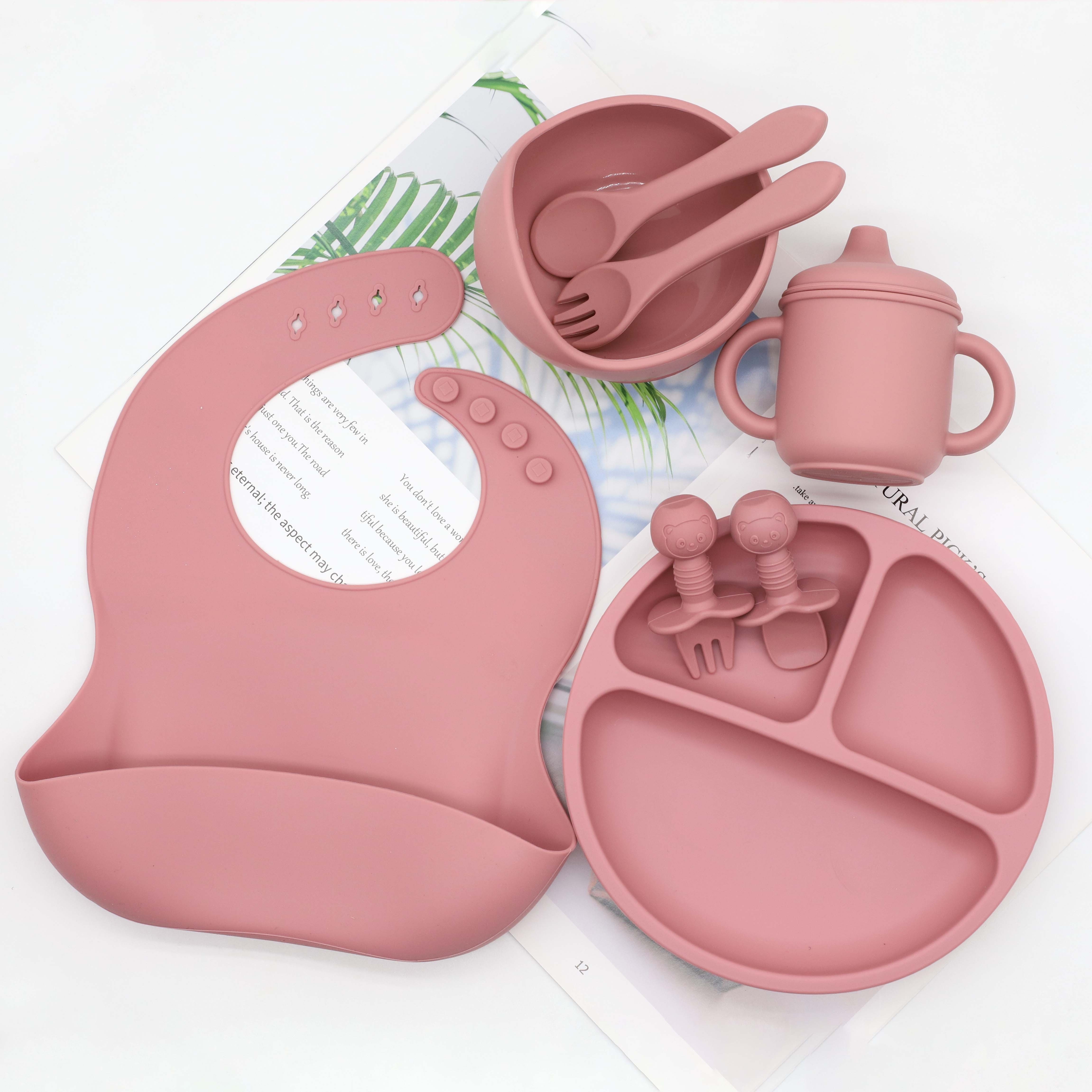 Ensemble d'alimentation pour bébé en silicone de 6 - Bavoirs en silicone,  bols à assiette divisée par aspiration - Cuillères à tasses pour bébés -  Ensemble d'ustensiles de sevrage Perfect Baby Led