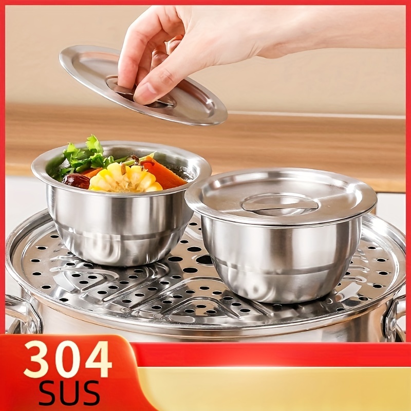 4PCS Set 304 Stainless Steel Bowl with Lid Kitchen Cooking Salad Mixing  Bowls Set Washing Drain Basket Soup Basin Strainer